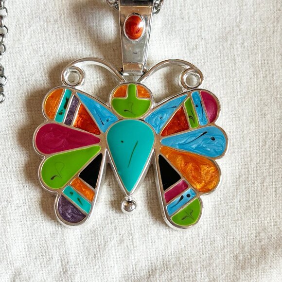 Vintage Enamel Butterfly Pendant Necklace w Silver Tone Chain Signed Best - Picture 3 of 7